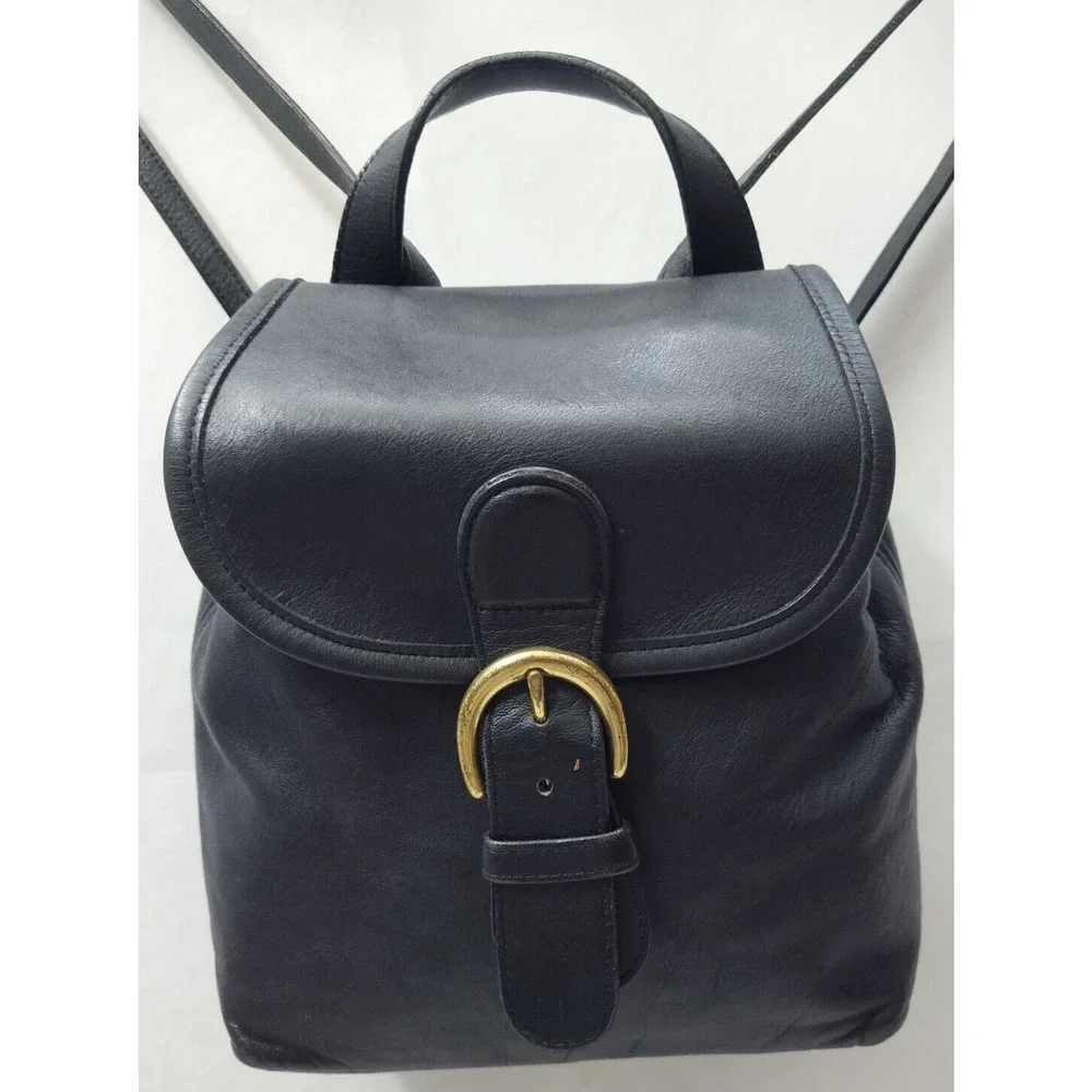 Coach Black Leather Buckle Flap Closure Top Handle Backpack -Vintage Made in USA